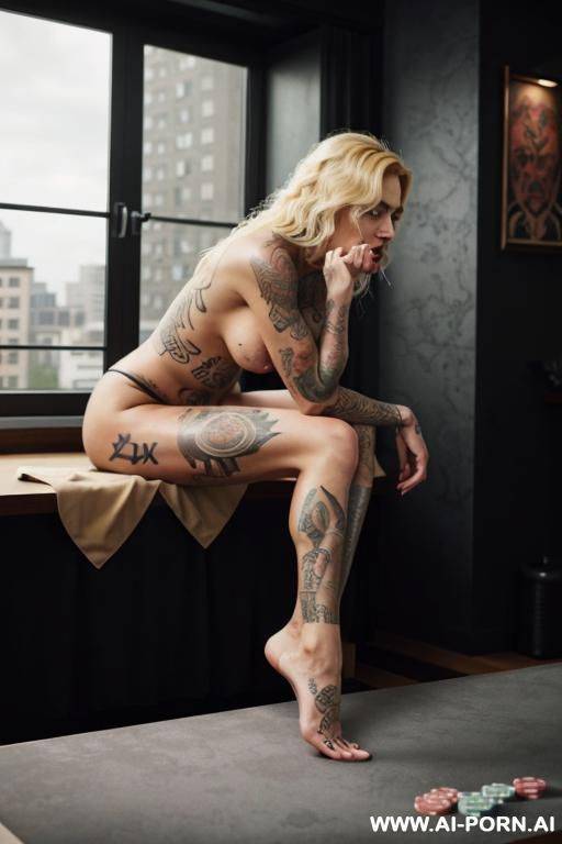 very long, curly golden blonde hair, a tanned complexion, and a tall, slender, and athletic build but with a princess-like quality from her curls, though the gray eyes hint at her nature. she of is naked and 1 - #main