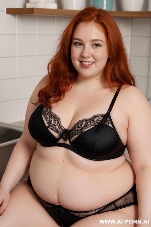 half-length photo, as a setting in the laundry area, ((obese)) fat chubby fat thick and bbw redhead british, she is washing clothes and is soaked in foamy water. she has lovehandless and a - #main
