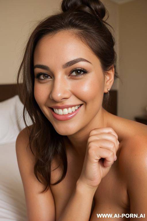 chubby brunette mouth open smile messy hair in bun tits laying onbed seductive brown eyes pov - #main