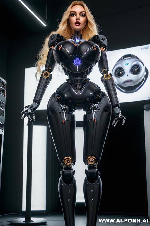 sexbot, front view, view from below, close-up, standing in robotic lab, hands on hips, looking at viewer, beautiful seductive human face with tanned silicone skin, long straight blonde hair, big - #main