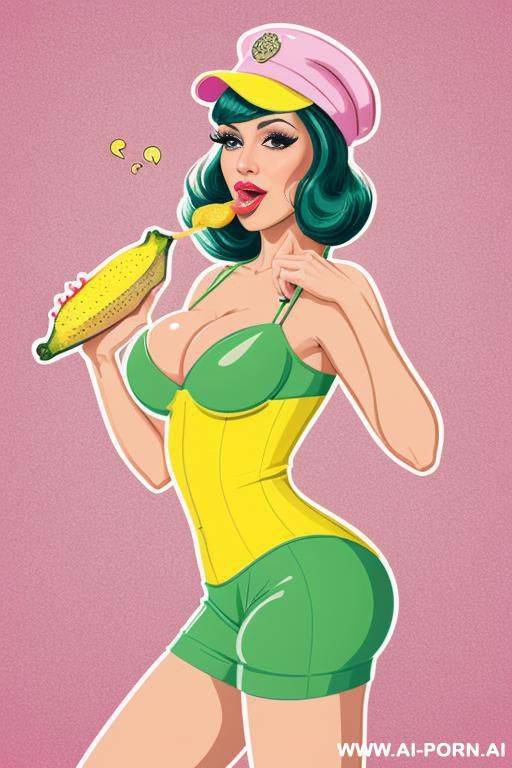 > “cartoon illustration of a woman wearing a pink cap, looking curiously at a peeled banana in her mouth sucking it, playful and colorful pop art style, green background - #main