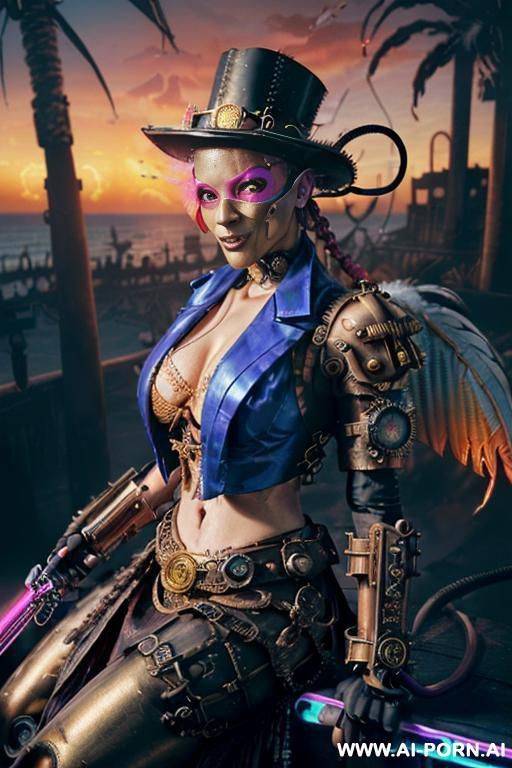 ((((masterpiece)))), (((woman sitting))), (glowing red eyes), (long blue purple and white hair with a flower), ((crop top white collar shirt with red tie)), ((((flaming angel wing)))), ((navy formal - #main