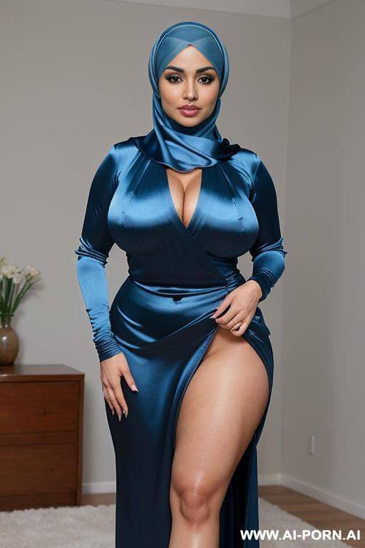hyper realistic human. busty pretty arab milf naked, large natural breasts. full body view, ((blue silk hijjab)), at home. totally naked. - #main