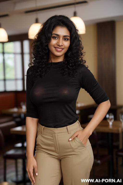 ((black crew neck shirt, khaki pants )), (pretty face), (detailed face), (soft slutty smile), (perfect nipples), (natural lighting), (large areolas) , ((highly detailed photo)), dark complexion | - #main