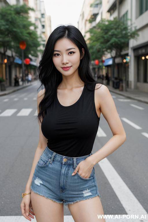 pretty, chinese, 30, flowing wavy hair, black hair, natural boobs, slight smile, makeup, eye shw, standing, spreading legs, sleeveless t-shirt, jean shorts, empty street background. - #main