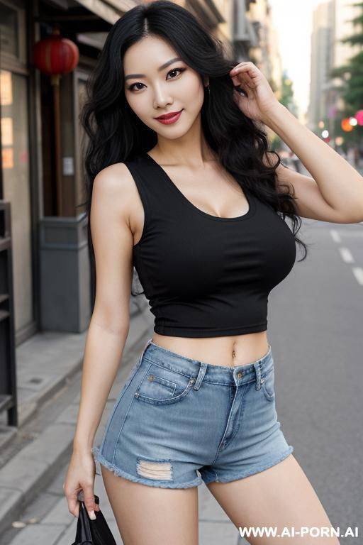 pretty, chinese, milf, flowing wavy hair, black hair, natural boobs, slight smile, makeup, eye shw, standing, spreading legs, sleeveless t-shirt, jean shorts, street background. - #main