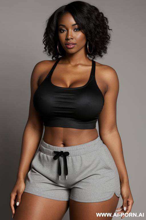 black woman, wide hips, athletic stomach, large breasts, wearing shorts and a top - #main