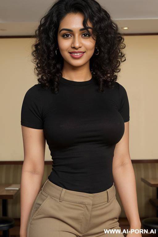 ((tight fitted black crew neck short sleeve shirt, khaki pants)), (pretty face), (detailed face), (soft slutty smile), (perfect nipples), (natural lighting), (large areolas) , ((highly detailed photo)), dark complexion | - #main