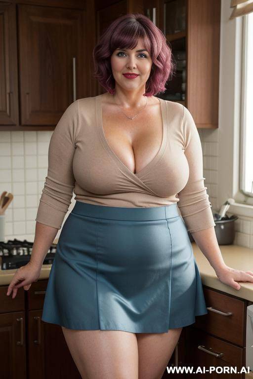 0 year old bbw fat mature woman with huge natural tits and huge ass, short brown hair and blue eyes, wearing short skirt pulled up, tan colored stockings, her ass and pussy covered with cum, bending over kitchen counter loking back at me biting her lip - #main