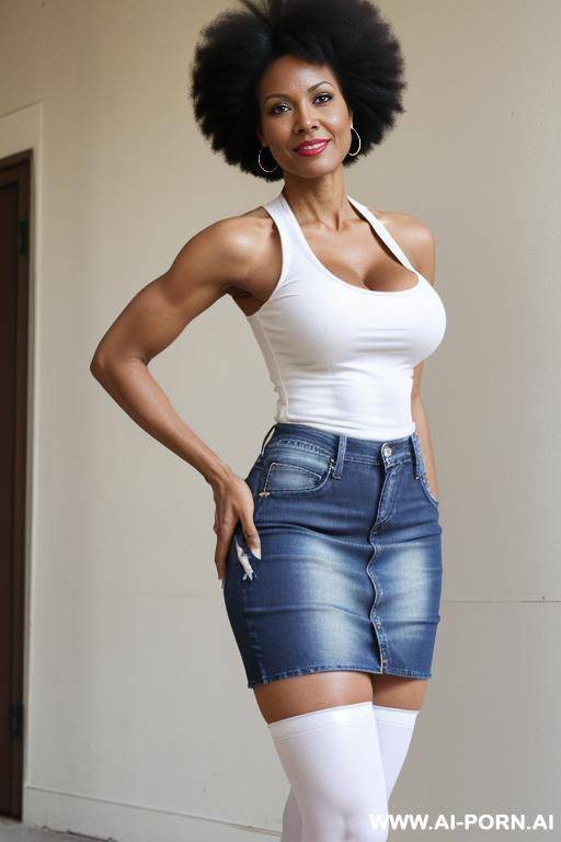 (afro american hot tall milf) (denim skirt) (white tank top) (white stockings) (hot abs) - #main