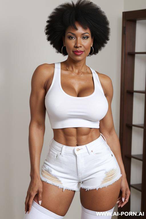 (afro american hot tall milf) (tight denim shorts) (white tank top) (white stockings) (hot abs) (full body shot) - #main