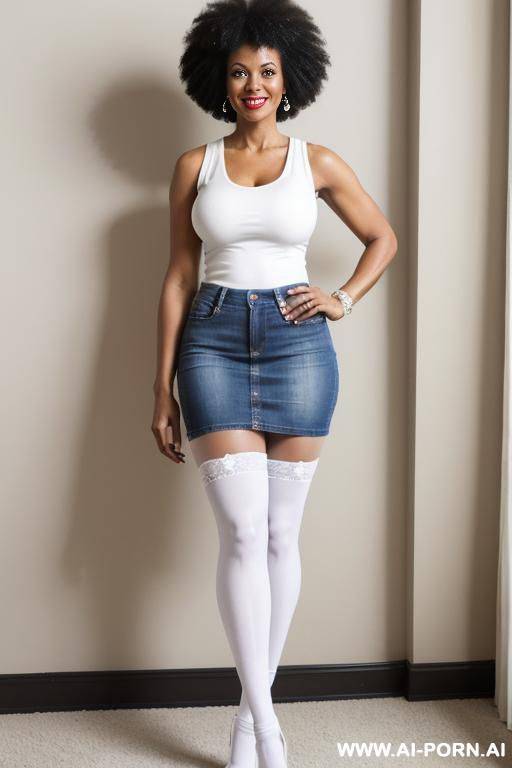 (afro american hot tall milf) (denim skirt) (white tank top) (white stockings) - #main