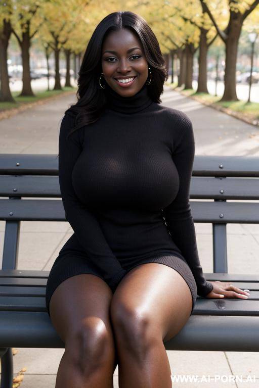 medium shot photo, (((massive breasts))), dark skinned, legs spread 20 year old, wearing an oversized turtleneck, smiling, svelte body, sitting on a park bench - #main