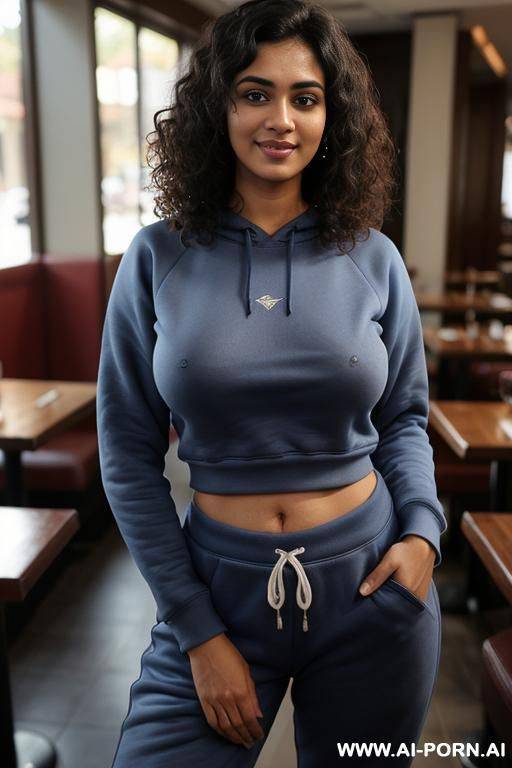 ((blue sweatshirt, jogger pants )), (pretty face), (detailed face), (soft slutty smile), (perfect nipples), (natural lighting), (large areolas) , ((highly detailed photo)), dark complexion | - #main