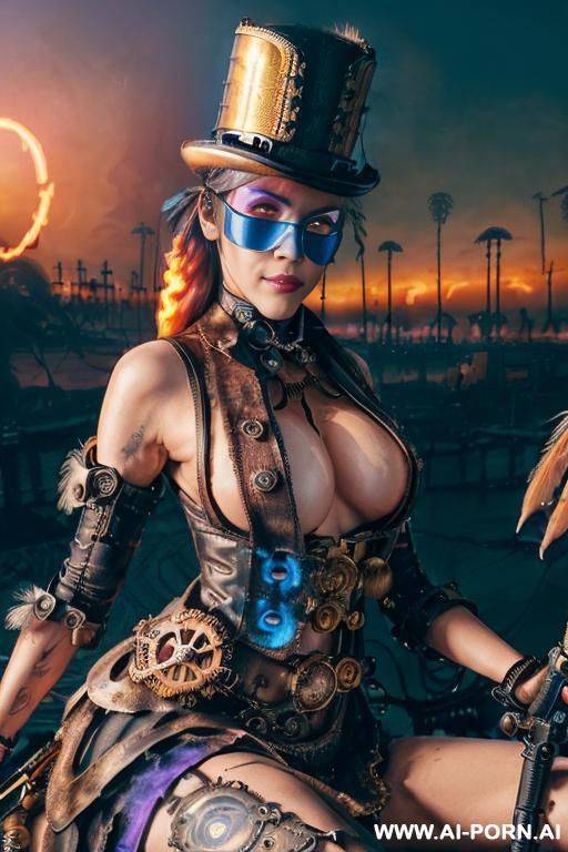 ((((masterpiece)))), (((woman sitting))), (glowing red eyes), (long blue purple and white hair with a flower), ((crop top white collar shirt with red tie)), ((((flaming angel wing)))), ((navy formal - #main