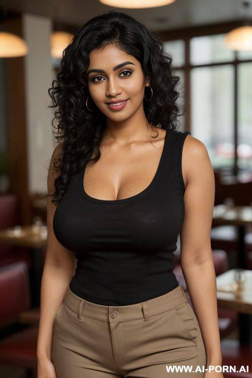 ((tight fitted black crew neck sleeveless shirt, khaki pants)), (pretty face), (detailed face), (soft slutty smile), (perfect nipples), (natural lighting), (large areolas) , ((highly detailed photo)), dark complexion | - #main
