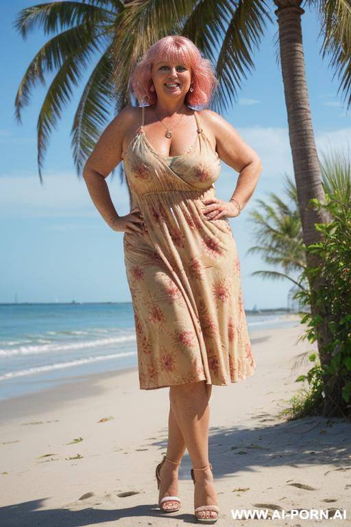 ((mature woman)), beautiful face, walking ((natural long saggy boobs)), full body shot, shapely legs, lush hair, strong make up, tanned skin,, brancelet, elegant red floral short sundress, neclace - #main