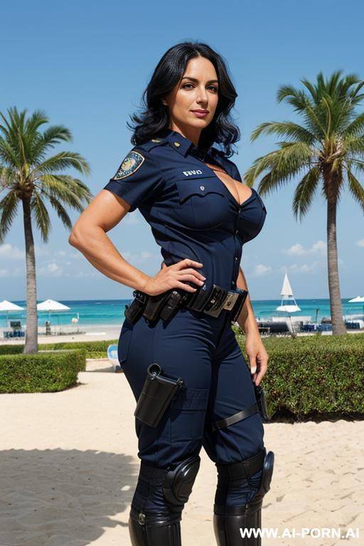 beautiful milf, cougar, tanned skin, strong arms, massive body, real police uniform, strong make-up, , wide hips, (full body shot), shapely legs, saggy large breast - #main