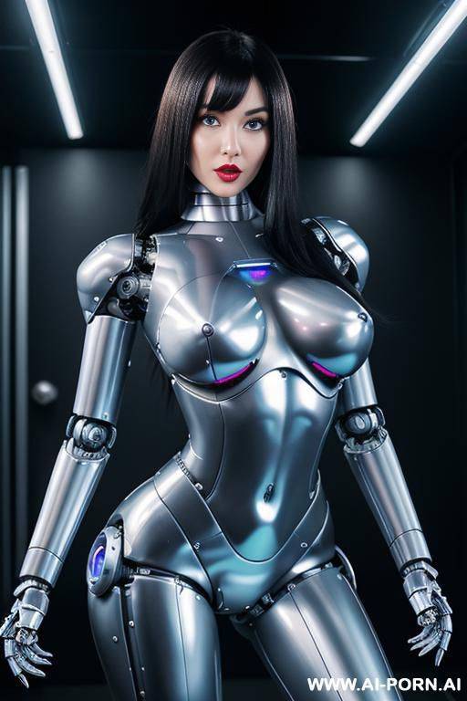 (realistic very detailed robot total meccanical artificial robot body woman) with long black hair and black glossy latex white metall threads, glowing blue robotic eyes, and a light natural pink - #main