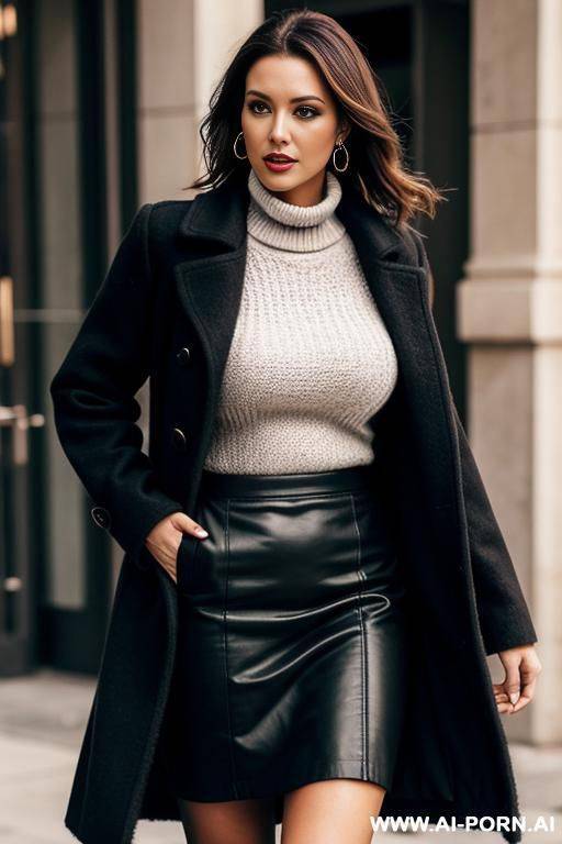coat, long collar office shirt, sweater, skirt, big tits - #main