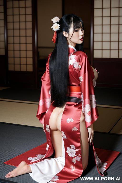 2 women wear kimono kneeling before a very big dildo, pray with a big dildo - #main