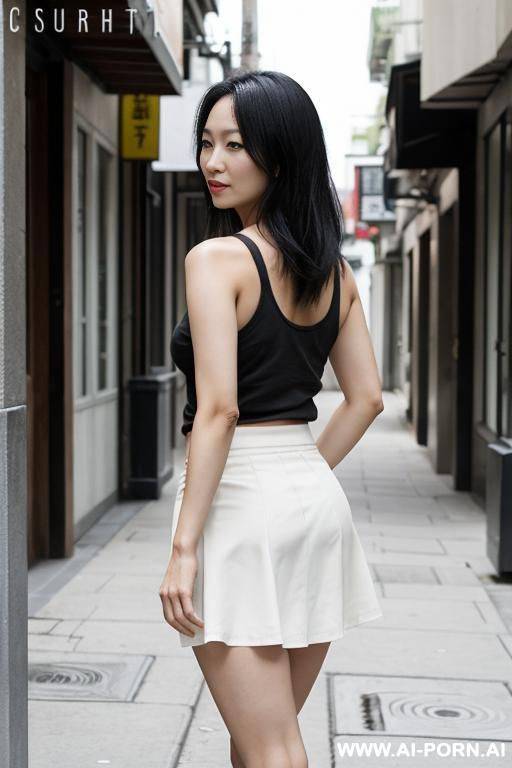 asian woman in her 30s, standing in street, tanktop, skirt, her skirt is pulled up, thong visible - #main