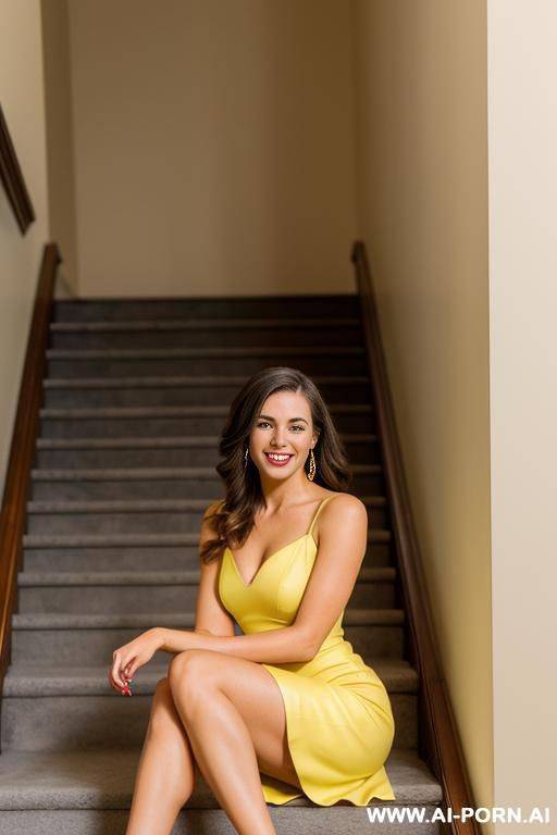 (short yellow dress) (smiling) (sitting on the stairs) - #main