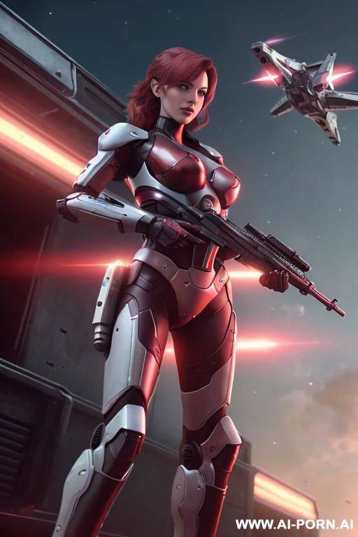 ai actress ai-babe-tilly-norman in action film with an exosuit and scifi-rifle. metal gear solid mechs in the background, a starship in the sky. futuristic battle scene. hyper-detailed ai art by universal studios - #main