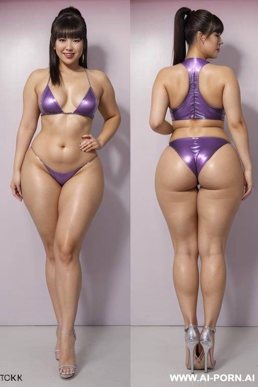 back shot view, ponytail, bangs, happy smile, (makeup:0.1), sparkly silver bikini, (very high-cut:1.3), (thick hip:1.3), (thick thighs:1.3), (very thick hip:1.3), (very thick thighs:1.3), sparkly purple - #main