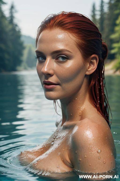 beautifull women, supermodel, blue eyes, swimming, lake in the forest, in a lake, submerged, wet hair, high cheekbones, wet hair slicked back, f cup, underwater, head and shoulders sticking out - #main