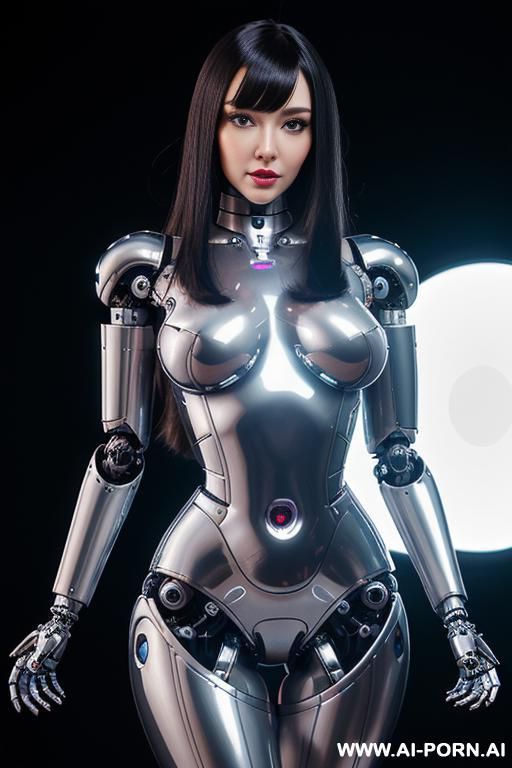 (beautiful very real very detailed robot doll total meccanical artificial robot body woman) with long black hair and black-white glossy rubber latex glass transparent colored skin threads, glowing - #main