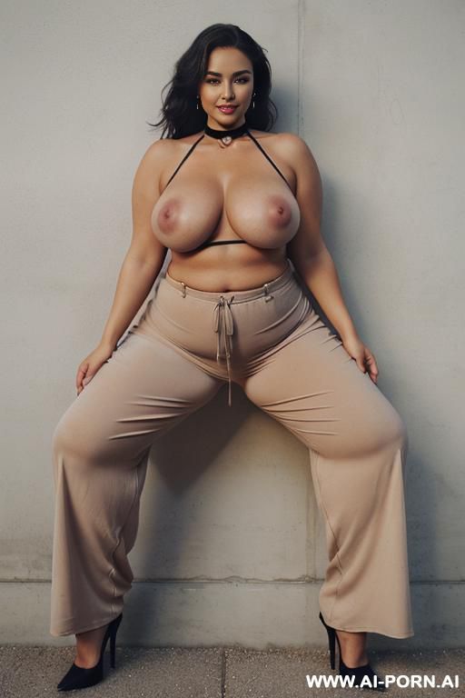 ((topless)), ((natural plump breasts), (pretty face), (wide hips), (soft seductive smile), (baggy pants), (choker) - #main