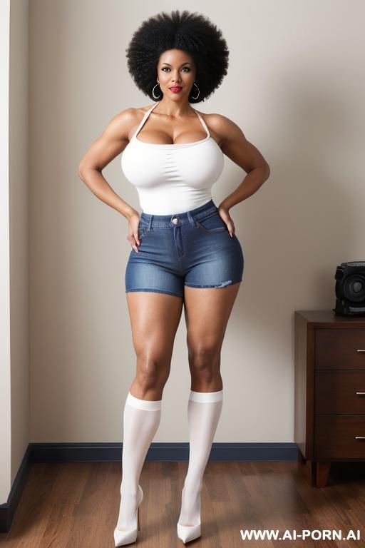 (afro american hot tall milf) (tight fit denim shorts) (white croop top) ( stockings) (hot abs) (full body shot) (high heels) (huge boobs) - #main