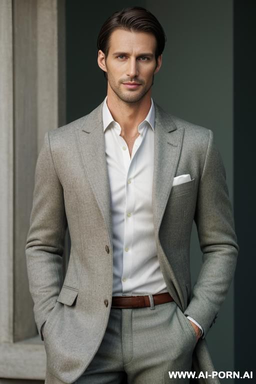 handsome man, 30 years old, athletic body, tall, refined look, sharp jawline, narrow face, hawk-like nose, blue-green eyes, slight smile, light brown hair, white shirt, gray woolen trousers, dark wool coat, traditional formal clothes - #main