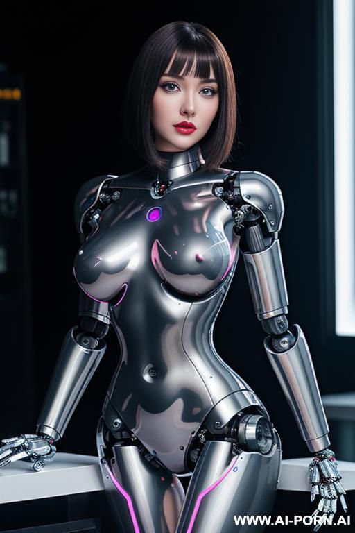(beautiful very real very detailed robot doll total meccanical artificial robot body woman) with long black hair and black-white glossy rubber latex glass transparent colored skin threads, glowing - #main