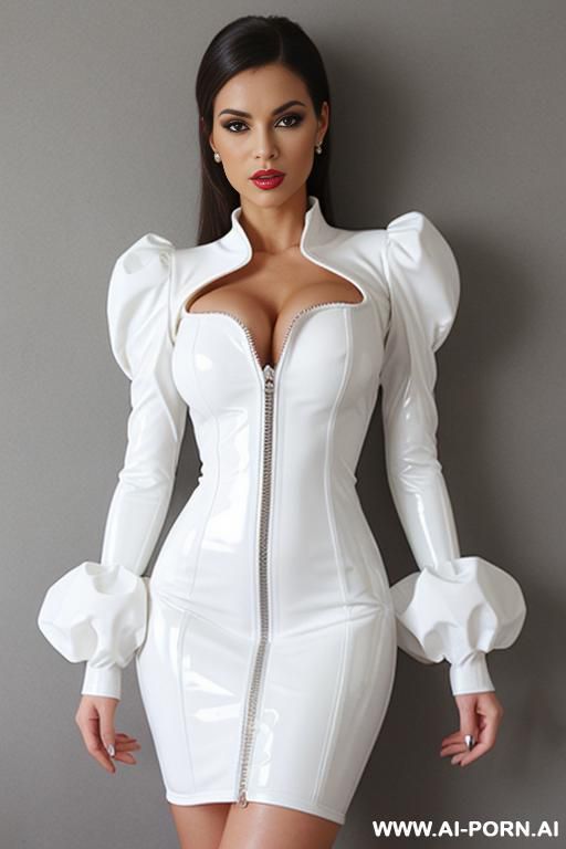 white latex micro dress, puff sleeves, front zipper - #main