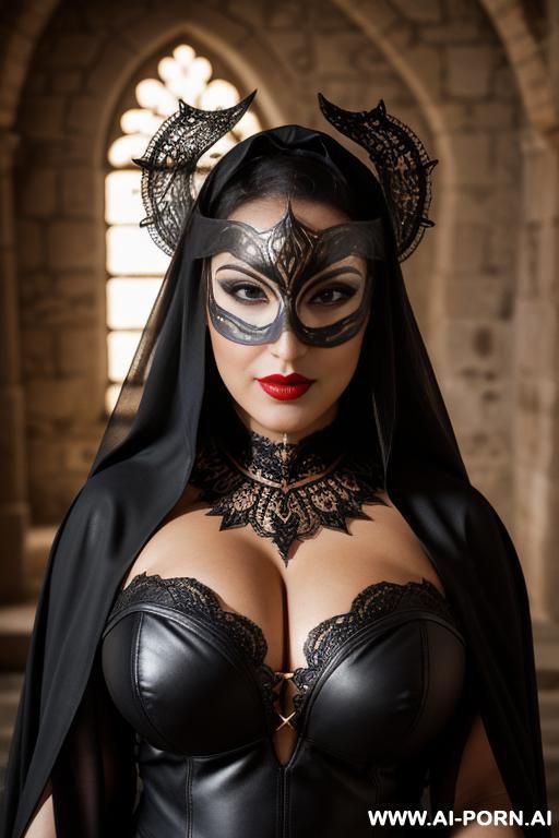 close up portrait of a woman wearing a heavy black leather mask with holes that expose her eyes & mouth. makeup, dark eye makeup & red lipstick, - #main