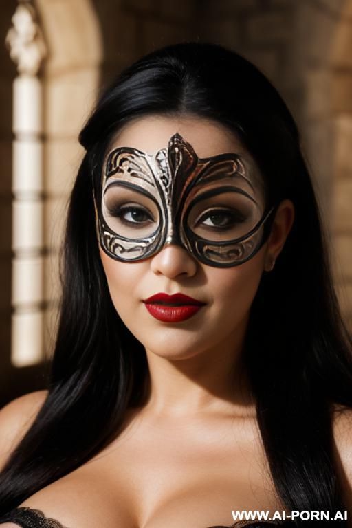 close up portrait of a woman wearing a black leather bandits mask with holes that expose her eyes & mouth. makeup, dark eye makeup & red lipstick, (((keep face))) - #main