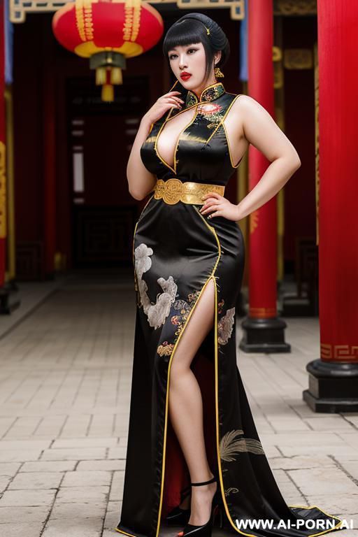 ((empress of china)), ((chinese black traditional dress)), ((ahegao)), ((full lips)), ((stand up)), ((palace)), ((smart)), ((exterior view in the back)) - #main