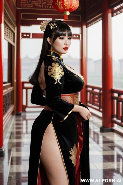 ((empress of china)), ((chinese black traditional dress)), ((ahegao)), ((full lips)), ((stand up)), ((palace)), ((smart)), ((exterior view in the back her)) - #main