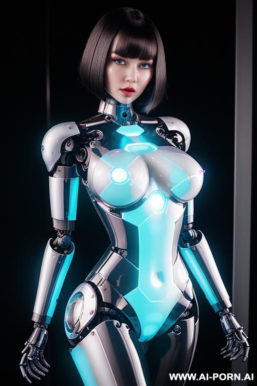 (beautiful very real very detailed tranformer robot doll total meccanical artificial robot body woman) with long black hair and black-white sky blue glossy glass rubber latex transparent colored skin - #main