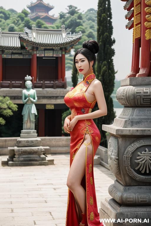 ((empress of china)), ((chinese watermelon motif traditional dress)), ((ahegao)), ((full lips)), ((stand up)), ((palace)), ((smart)), ((exterior nature view in the behind her)), ((she hug a statue)) - #main