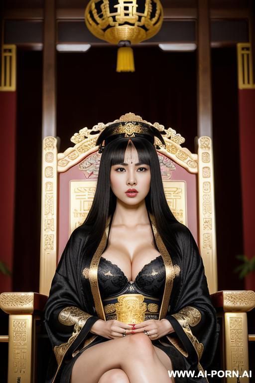 ((empress of china)), ((full black empress robe)), ((sitting on golden throne in big palace)), ((her iq is ultra-high)), ((very smart)), ((amused)), ((full lips)) - #main