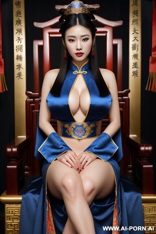 ((empress of china)), ((chinese blue royal robes and black chinese traditional)), ((full lips)), ((sitting on the throne)), ((on harem)), ((burning background)), ((show her armpit)) - #main