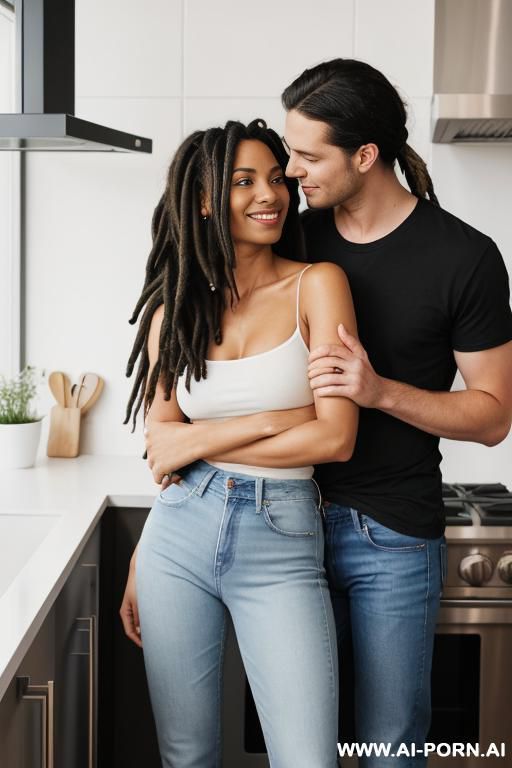 a couple standing close together in a bright modern kitchen, looking lovingly into each other’s eyes. the woman has shoulder-length wavy hair with a light streak, wearing no shirt and - #main