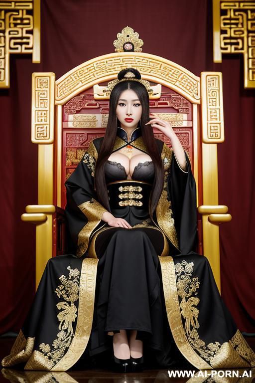 ((empress of china)), ((chinese black royal robes and black chinese traditional)), ((full lips)), ((sitting on the throne)), ((on harem)), ((burning background)) - #main