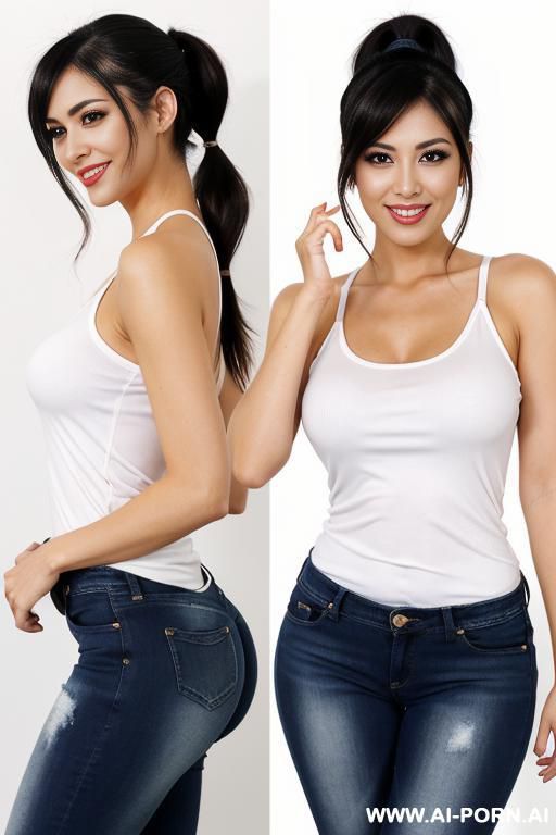 a sexy woman is standing cheerfully against a white background, pointing both hands directly ford as if addressing someone. she is wearing a tight white tank top, fitted blue jeans with slight - #main