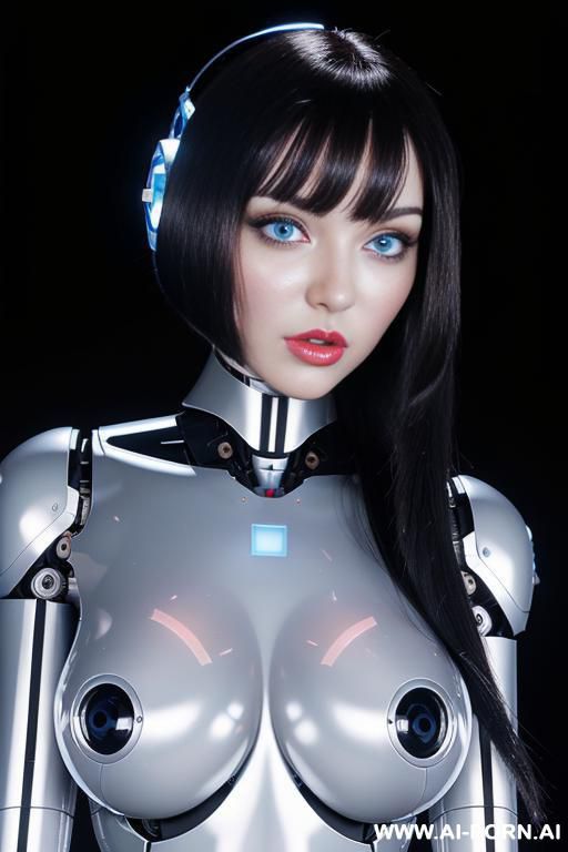 (beautiful very real very detailed robot doll total meccanical artificial robot body woman) with long black hair and black-white sky blue glossy glass rubber latex transparent colored skin threads, - #main