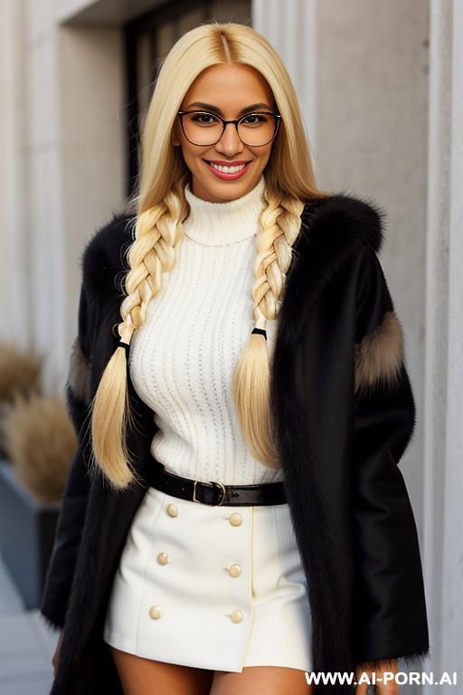 ((caucasian latina)), (sleek hair with long single braid)), round borderless glasses, friendly smile, long black and white colored skirt, furry jacket, open, ,no tattoos, tanned - #main