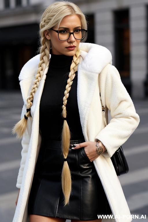 ((caucasian latina)), (sleek hair)) , ((long single braid)), ((round borderless glasses)), seducive, long black and white colored skirt, furry jacket, open, ,no tattoos, tanned - #main